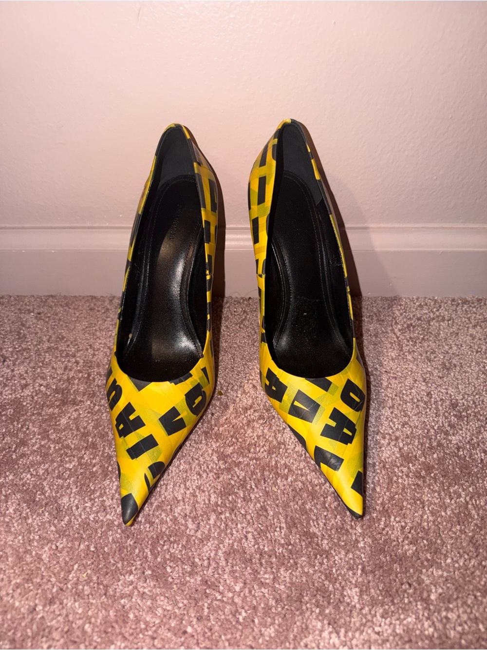 Balenciaga Yellow Black Logo Pointed Toe Stiletto Pumps